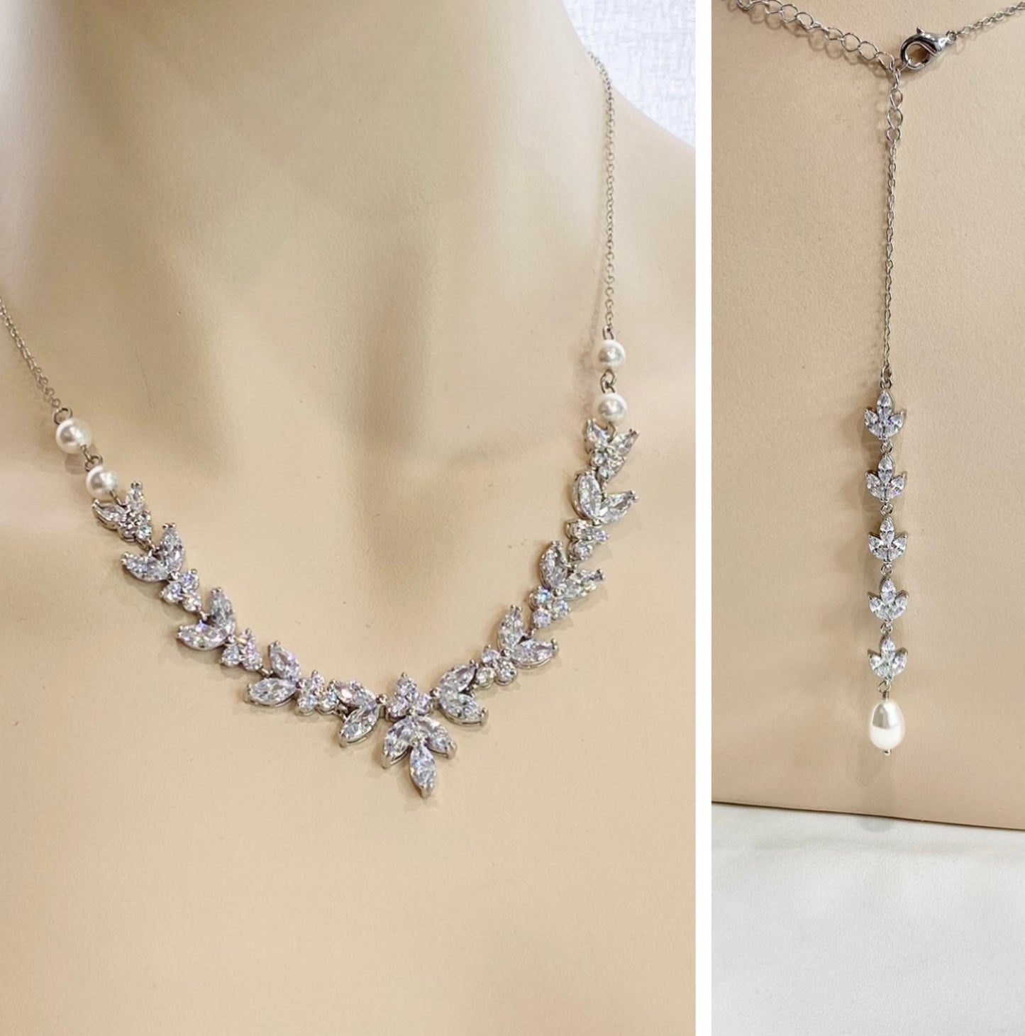 Paige 2pcs CZ Floral and Pearl Backdrop Necklace and Earrings Set