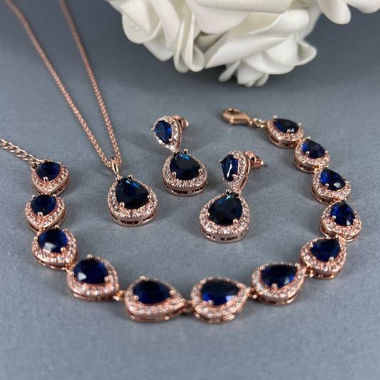 Wedding Bridal 3pcs CZ Rose Gold Plated Sapphire Jewelry Set