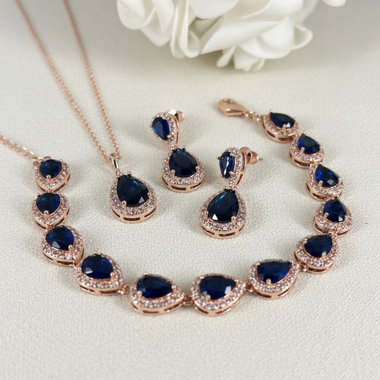 Wedding Bridal 3pcs CZ Rose Gold Plated Sapphire Jewelry Set