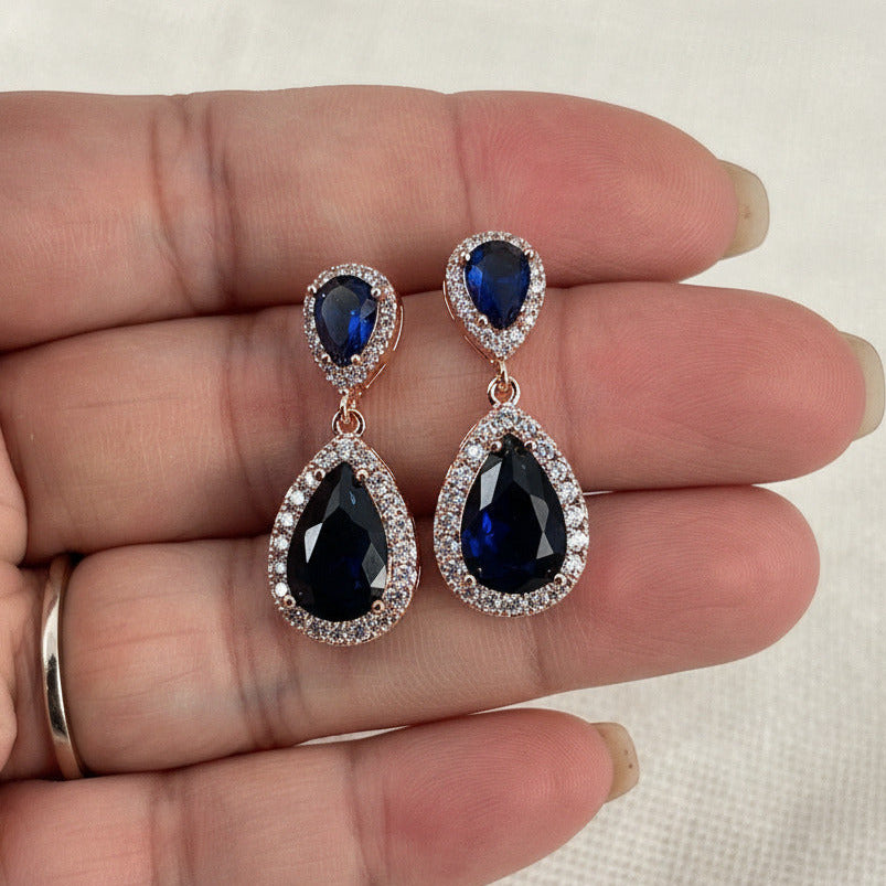 Wedding Bridal 3pcs CZ 18K Gold Plated Sapphire Jewelry Set