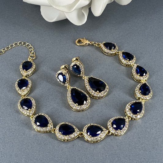 Wedding Bridal 3pcs CZ 18K Gold Plated Sapphire Jewelry Set