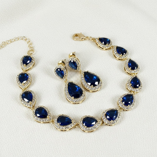 Wedding Bridal 3pcs CZ 18K Gold Plated Sapphire Jewelry Set