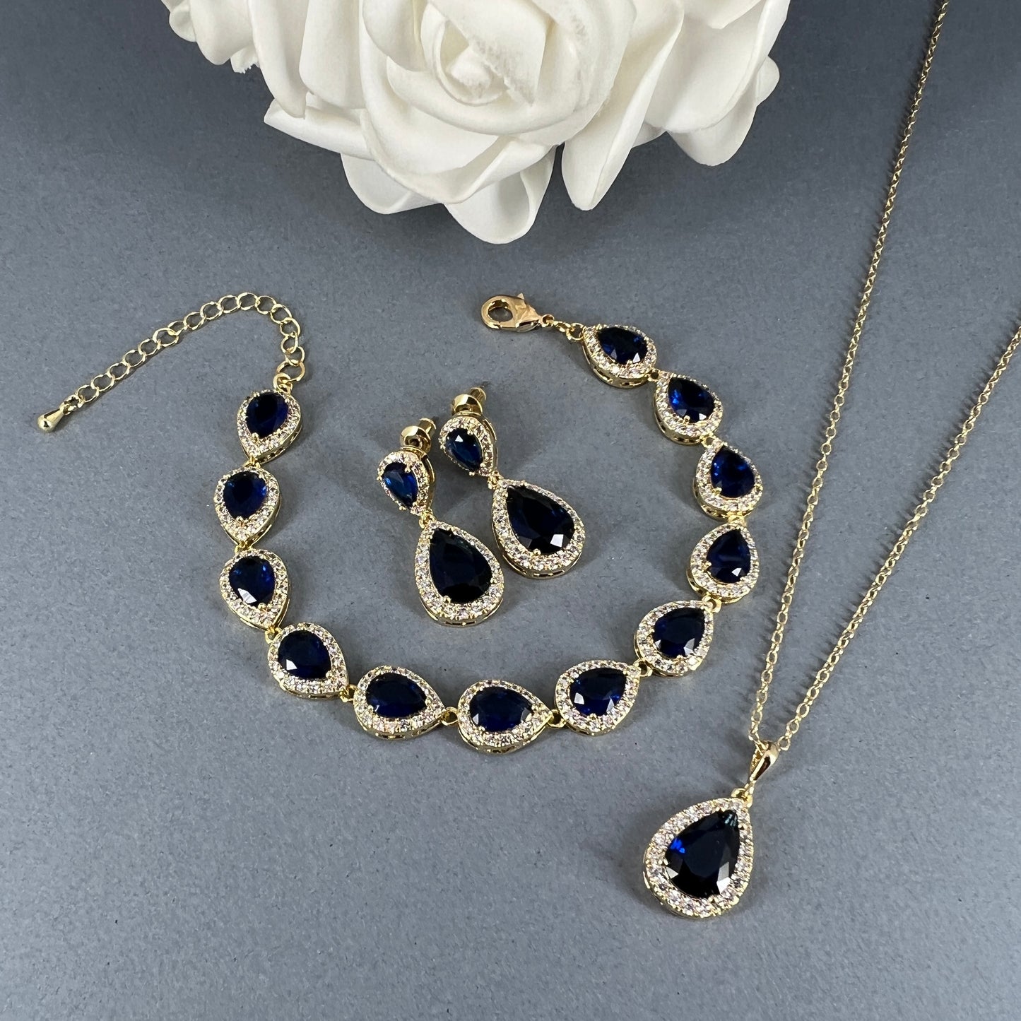 Tina 3pcs CZ Rose Gold Plated Sapphire Jewelry Set