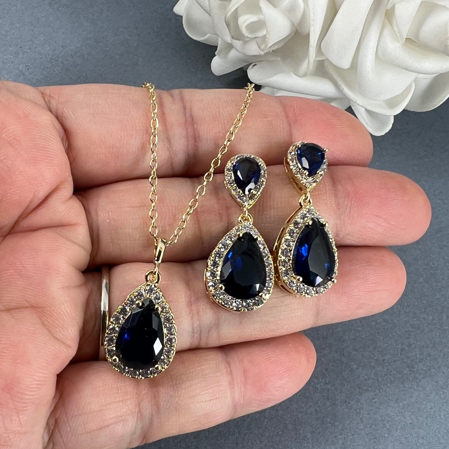 Wedding Bridal 3pcs CZ Rose Gold Plated Sapphire Jewelry Set