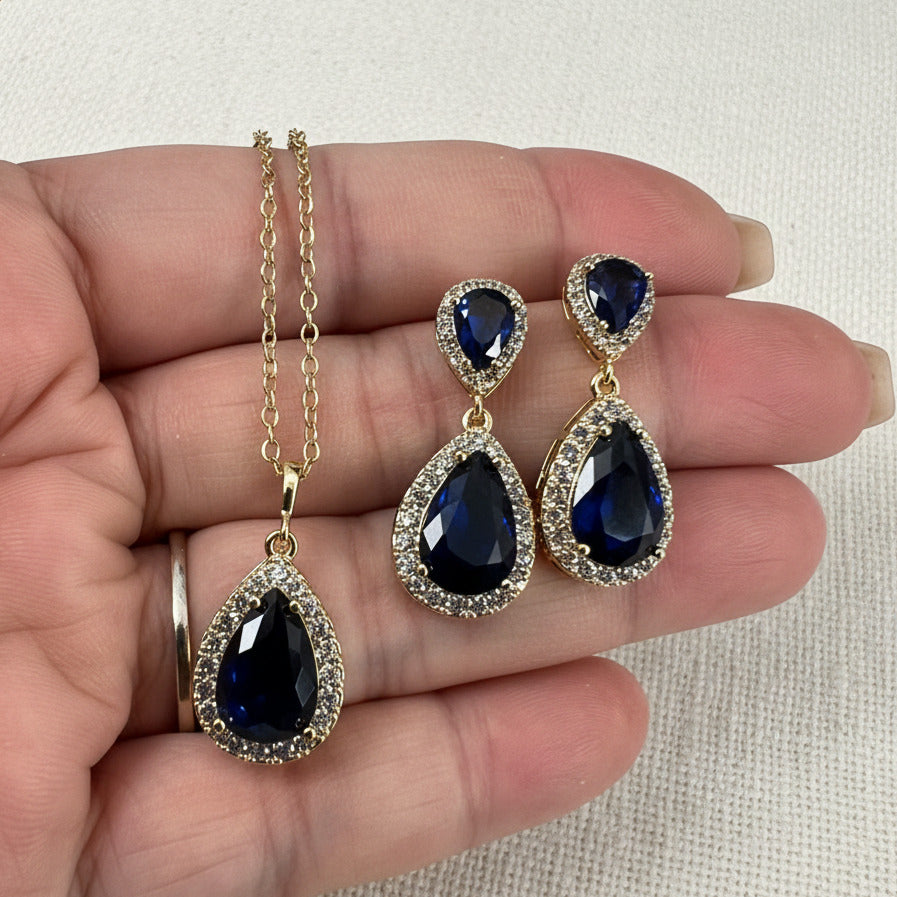 Wedding Bridal 3pcs CZ Rose Gold Plated Sapphire Jewelry Set
