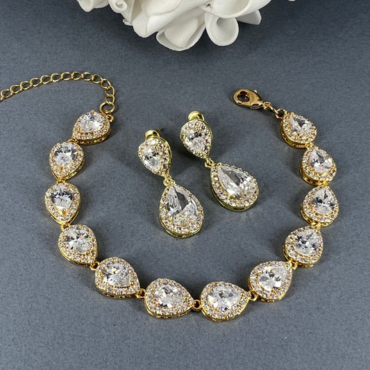 Wedding Bridal 3pcs 18K Gold Plated CZ Teardrop Jewelry Set
