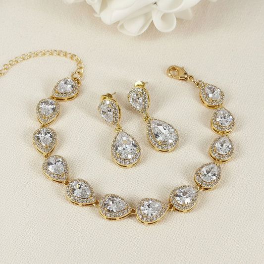 Wedding Bridal 3pcs 18K Gold Plated CZ Teardrop Jewelry Set