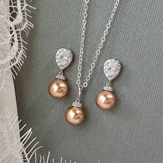 Lia 2pcs CZ Teardrop and Rose Gold Pearl Necklace and Earrings Set