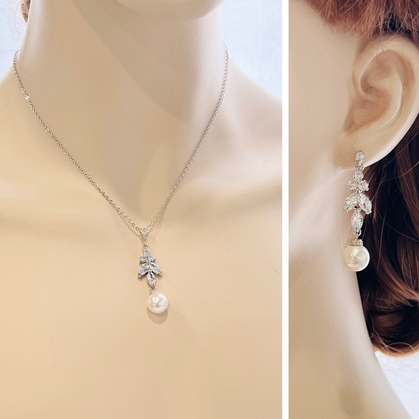 Ensemble collier et boucles d'oreilles en feuilles et perles CZ Lana 2 pièces