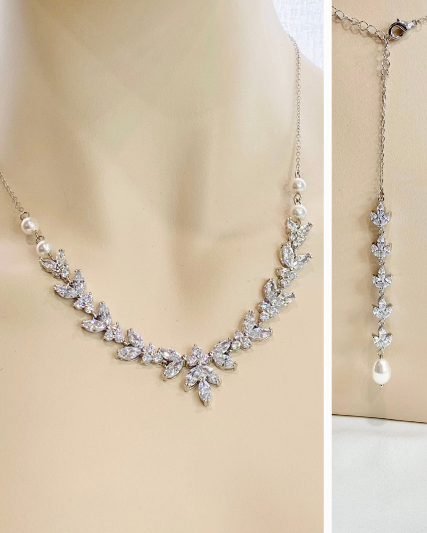 Ensemble collier et boucles d'oreilles Paige 2 pièces en zircone cubique avec fond floral et perles