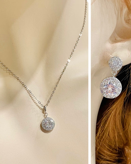 Wedding Bridal 2pcs CZ Circle Necklace and Earrings Set