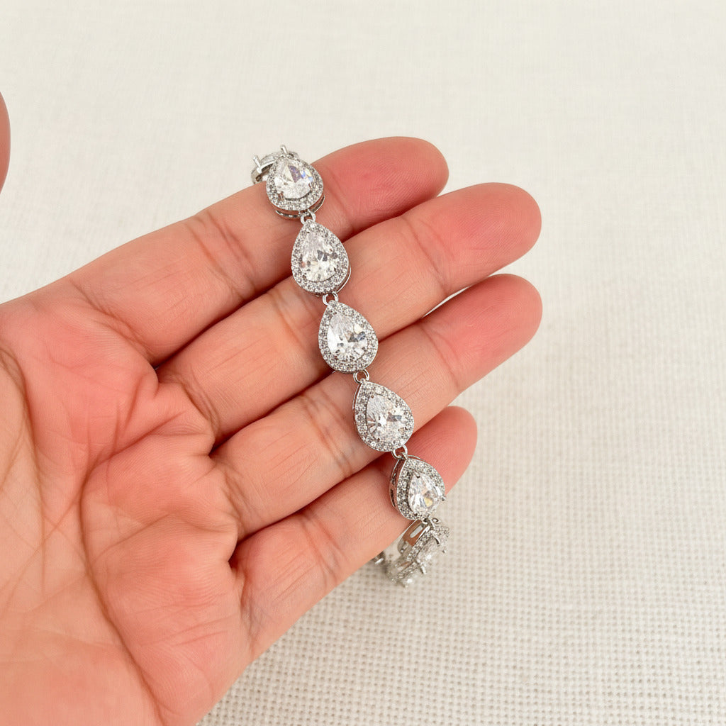 Wedding CZ White Gold Plated Full Teardrop Bridal Bracelet
