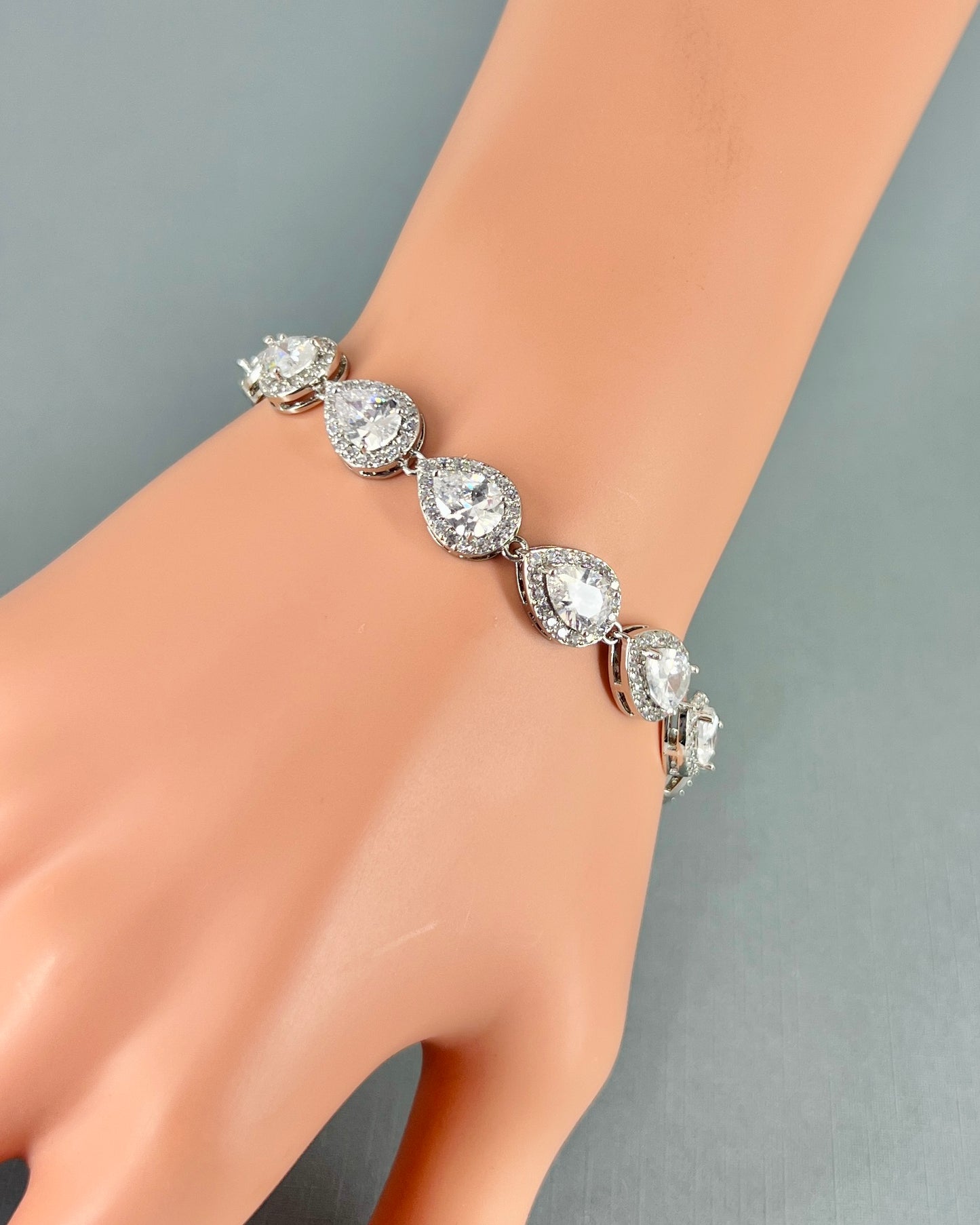 Wedding CZ White Gold Plated Full Teardrop Bridal Bracelet