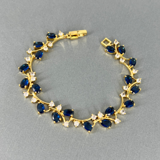 Wedding Bridal Cubic 18K Gold Plated Floral Sapphire Blue Bracelet