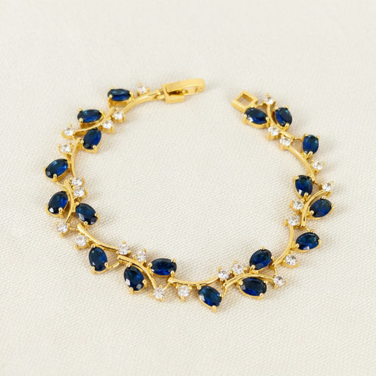 Wedding Bridal Cubic 18K Gold Plated Floral Sapphire Blue Bracelet