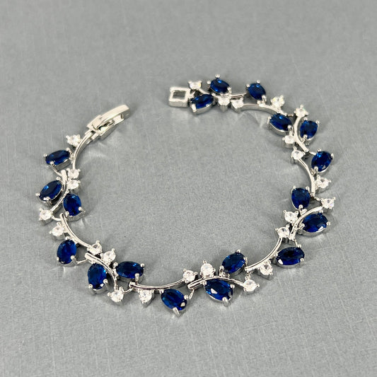 Wedding Bridal Cubic White Gold Plated Floral Sapphire Blue Bracelet