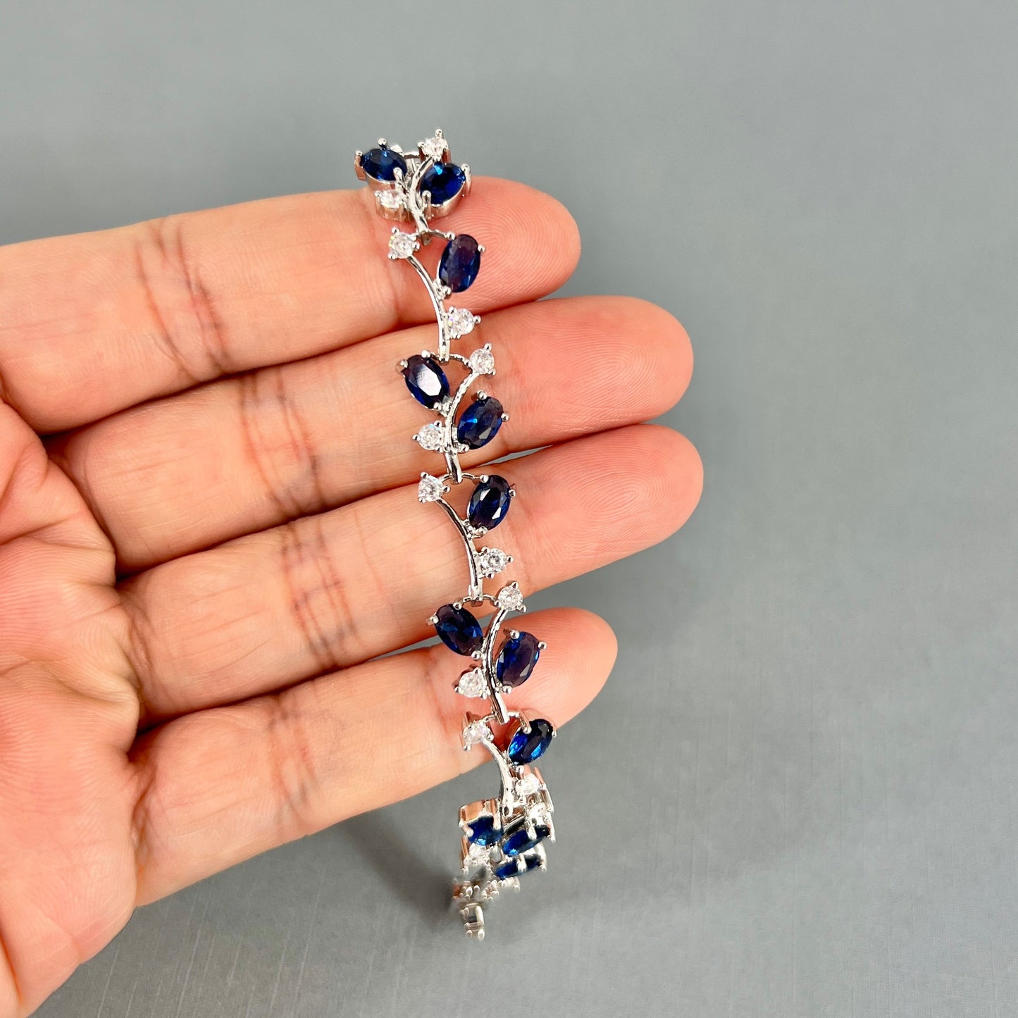 Ella CZ Floral Sapphire Blue Bracelet and Earrings Set