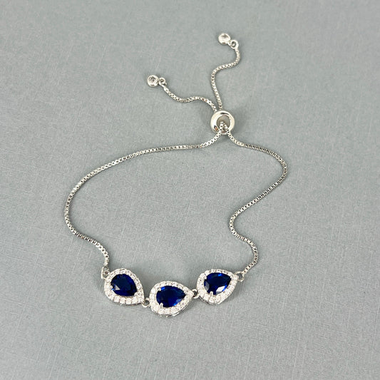 Wedding Bridal Cubic Sapphire Blue Teardrop Adjustable Bracelet