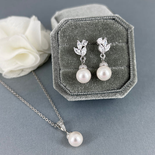 Wedding Minimalist Pearl Dangle Bridal Earrings Necklace