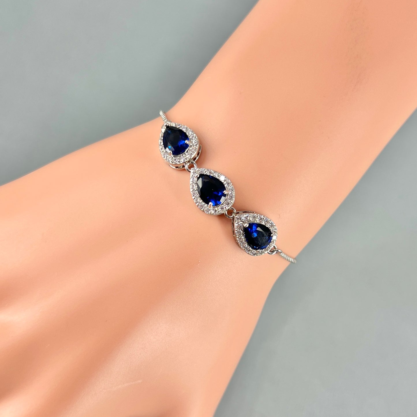 Hailey CZ Sapphire Blue Teardrop Adjustable Bracelet