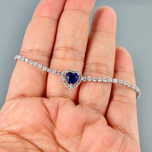 Wedding Bridal Cubic Sapphire Blue Heart Adjustable Bracelet