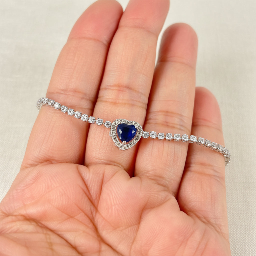 Wedding Bridal Cubic Sapphire Blue Heart Adjustable Bracelet