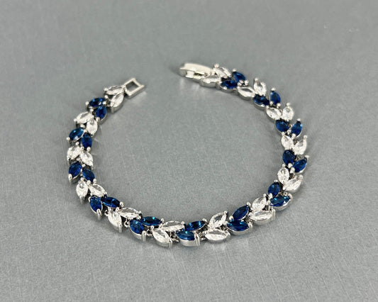 Wedding Bridal Cubic Leaf Something Blue Crystal Bracelet