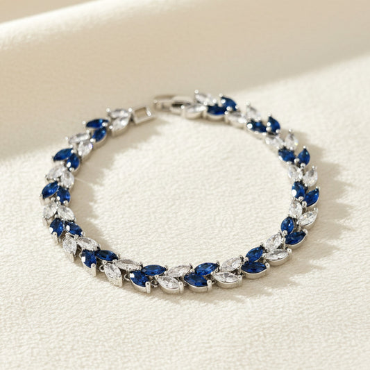Wedding Bridal Cubic Leaf Something Blue Crystal Bracelet