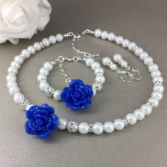 Royal Blue Flower Rose Pearl Necklace Bracelet Earrings
