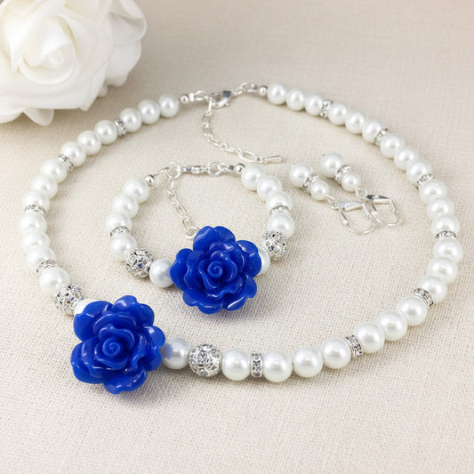 Royal Blue Flower Rose Pearl Necklace Bracelet Earrings