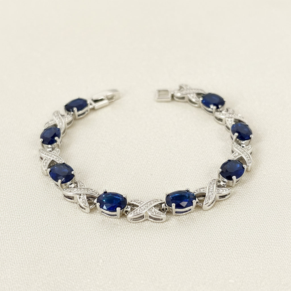 Wedding Bridal Cubic White Gold Plated Sapphire Blue Bracelet