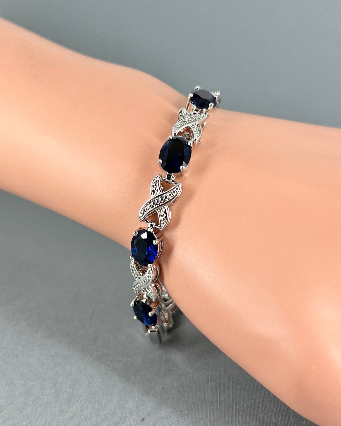 Wedding Bridal Cubic White Gold Plated Sapphire Blue Bracelet
