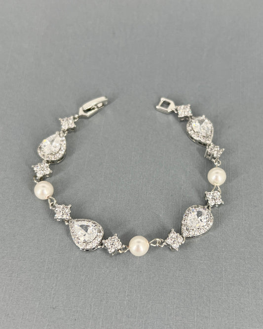 Clearance CZ White Gold Plated Teardrop and Pearl Bracelet