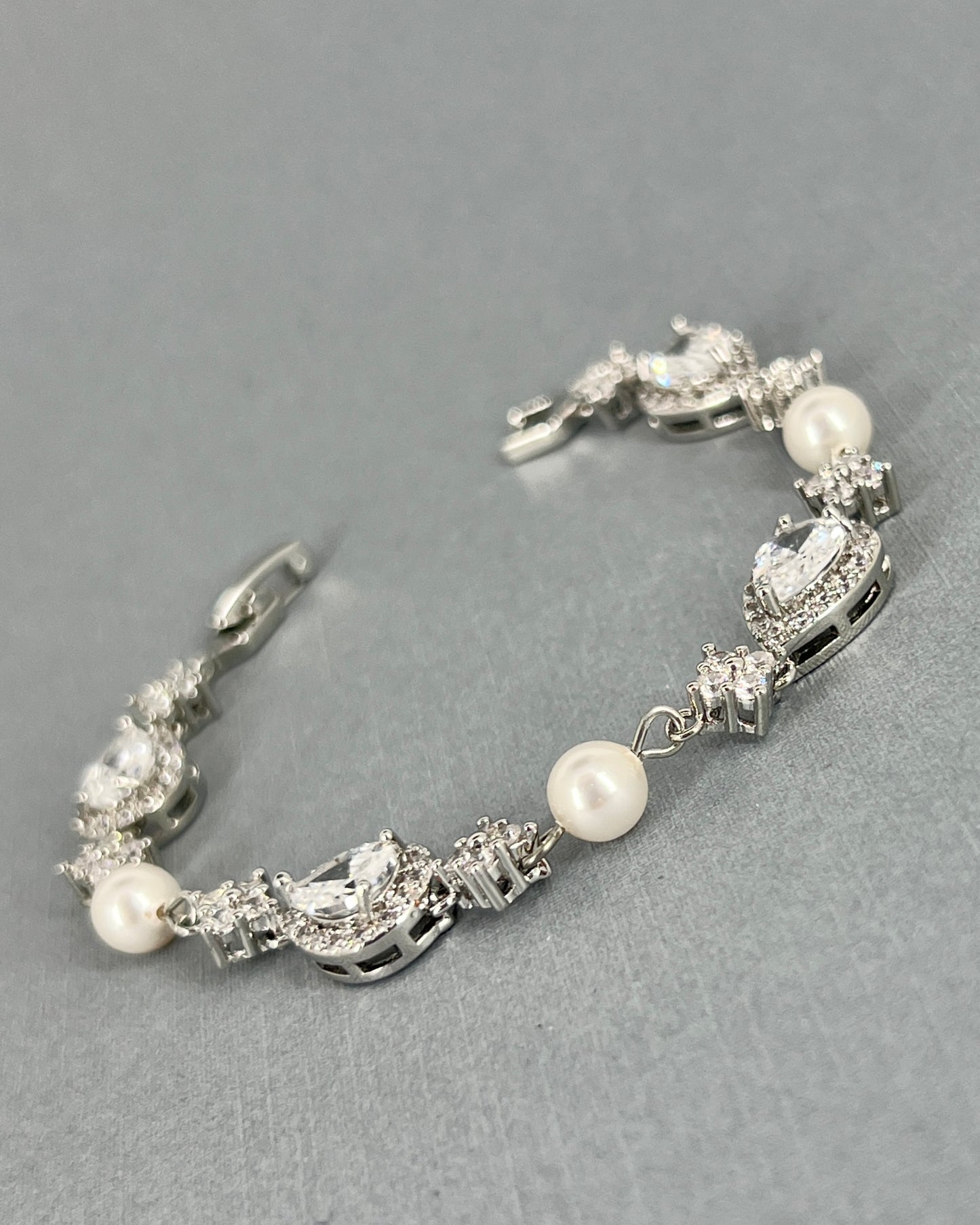 Clearance CZ White Gold Plated Teardrop and Pearl Bracelet