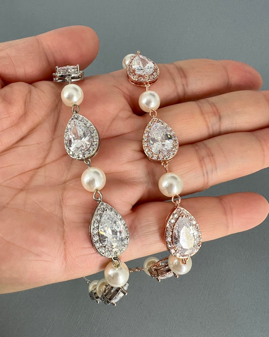 Wedding Bridal Cubic Teardrop and Pearl Bracelet
