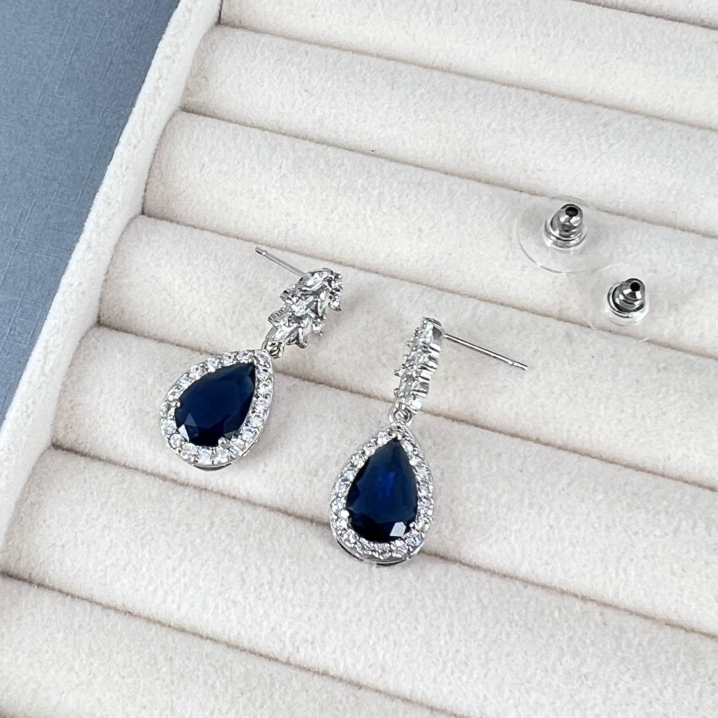 Minimalist Bridal Wedding Sapphire Blue Teardrop Earrings