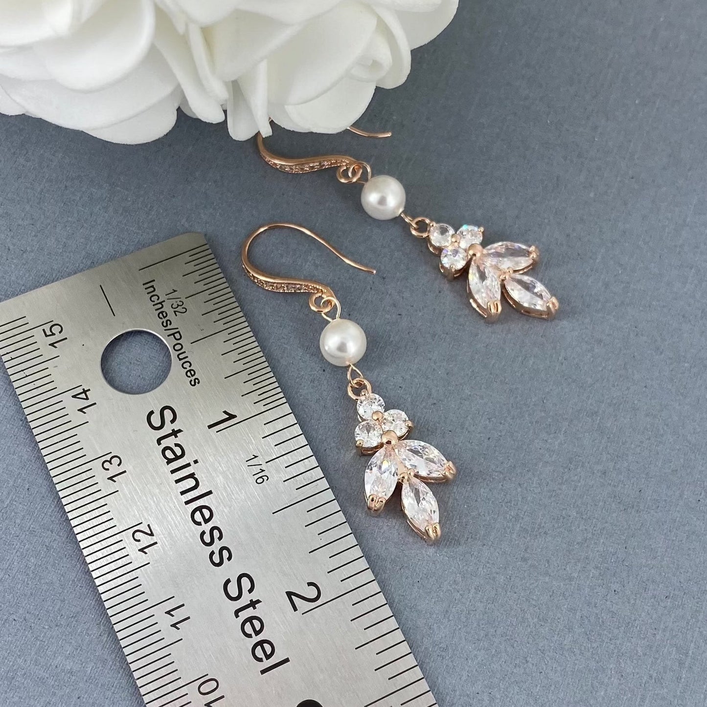 Wedding Bridal 2pcs Floral and Pearl Backdrop CZ Necklace and Earrings Set