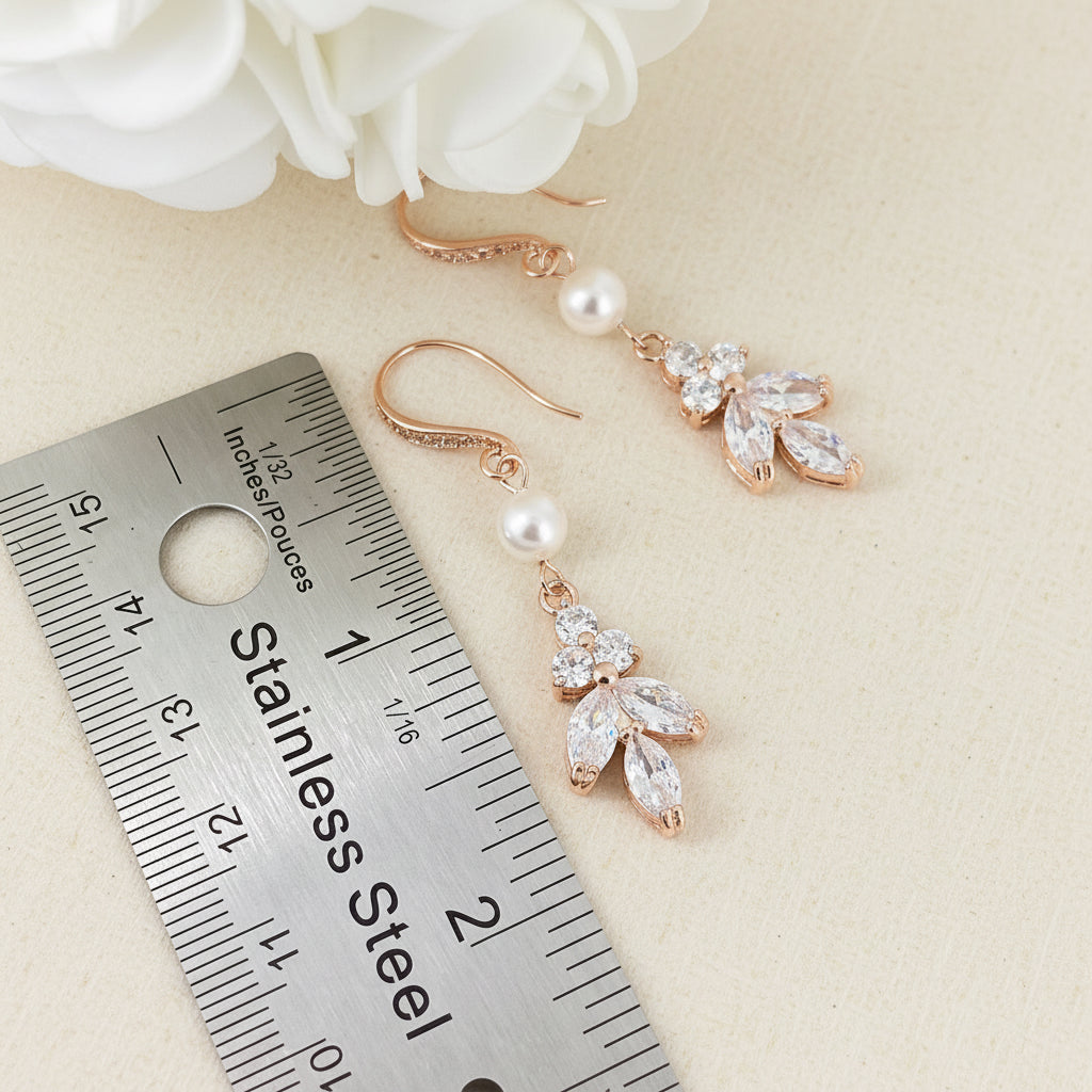 Rose Gold Floral and Pearl Bridal Necklace with Backdrop and Earrings Set
