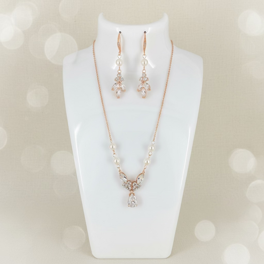 Wedding Bridal 2pcs CZ Floral and Pearl Necklace and Earrings Set