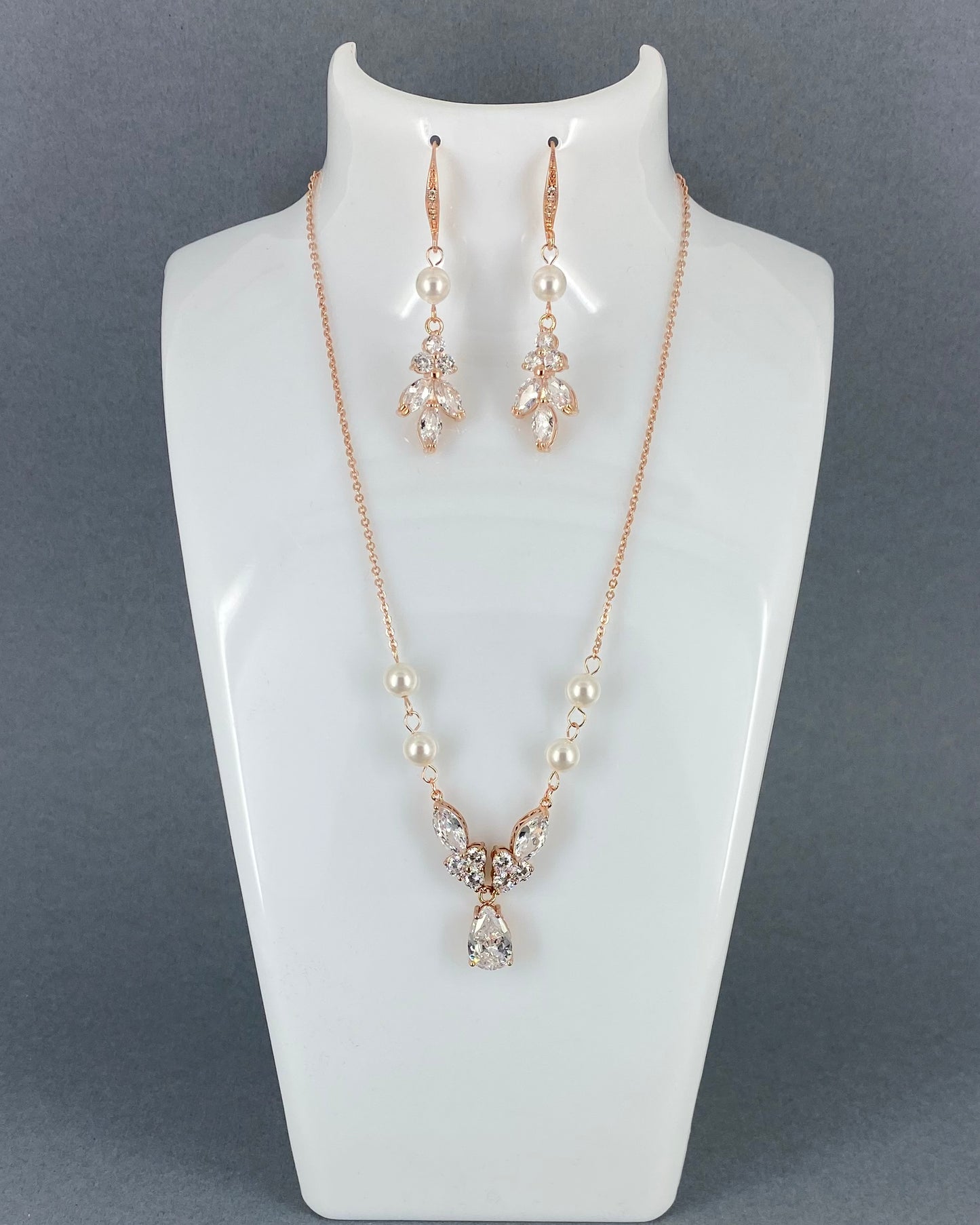 Laura 2pcs CZ Floral and Pearl Necklace and Earrings Set