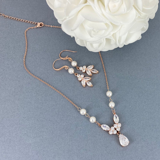 Laura 2pcs CZ Floral and Pearl Necklace and Earrings Set