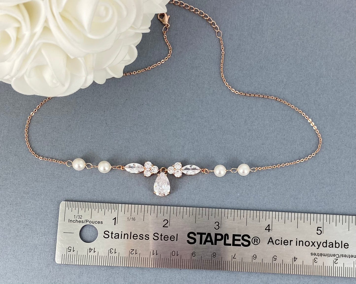 Wedding Bridal 2pcs CZ Floral and Pearl Necklace and Earrings Set