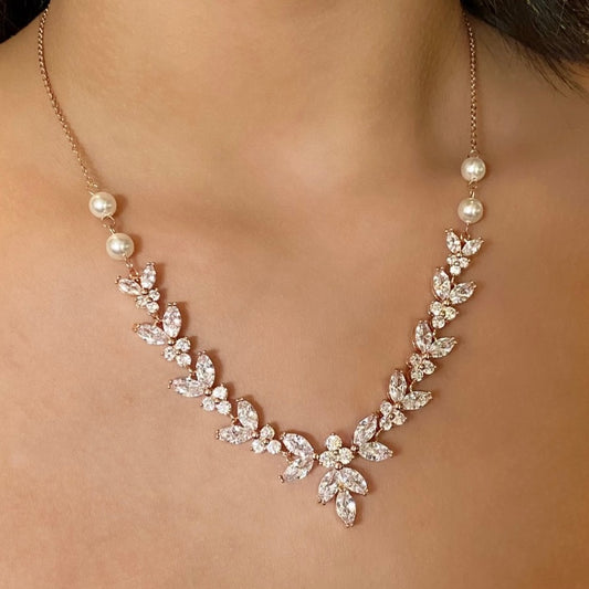 Wedding Bridal 2pcs CZ Floral and Pearl Necklace and Earrings Set