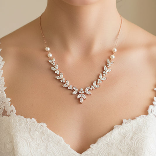 Bridal Crystal Floral and Pearl Necklace Earrings Set