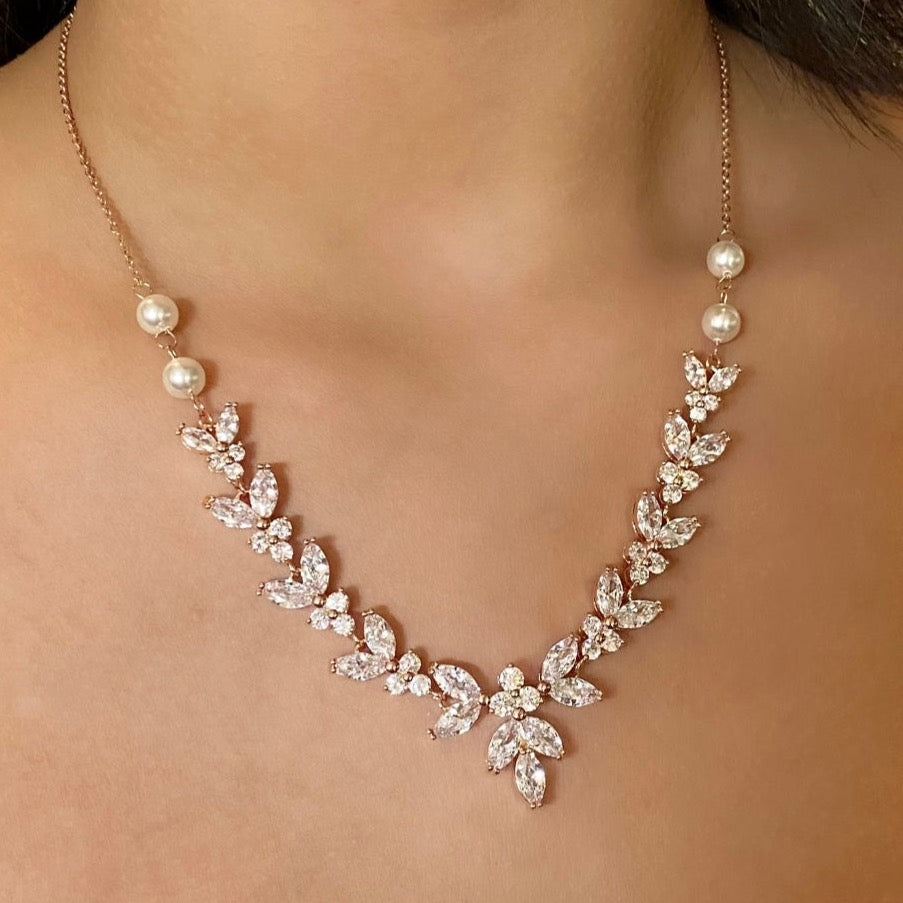 Lacey 2pcs CZ Floral and Pearl Necklace and Earrings Set