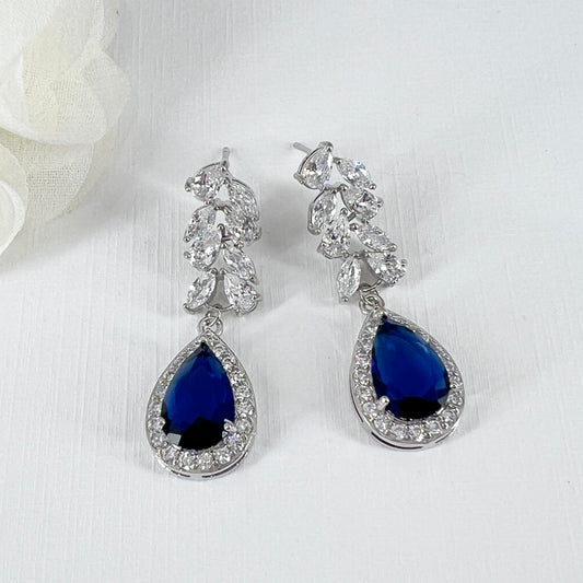 Floral Bridal Wedding Sapphire Blue Teardrop Earrings