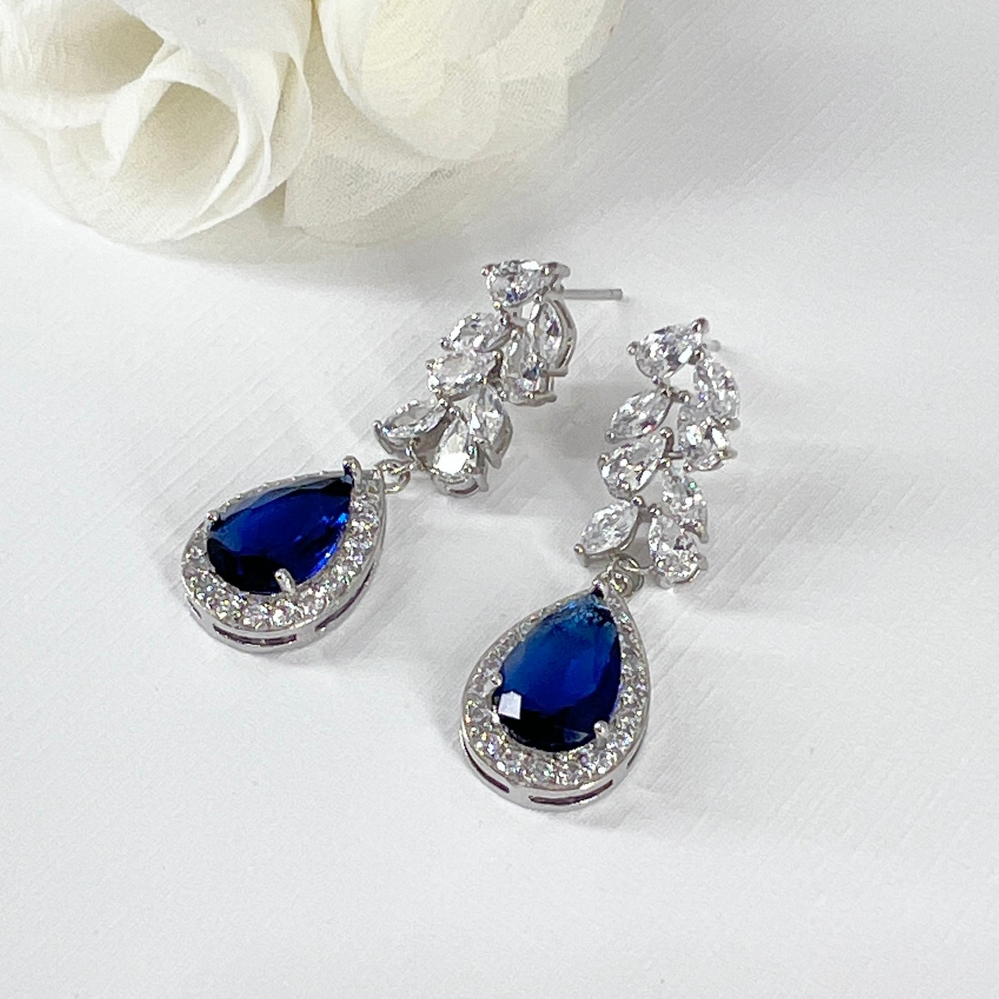 Floral Bridal Wedding Sapphire Blue Teardrop Earrings