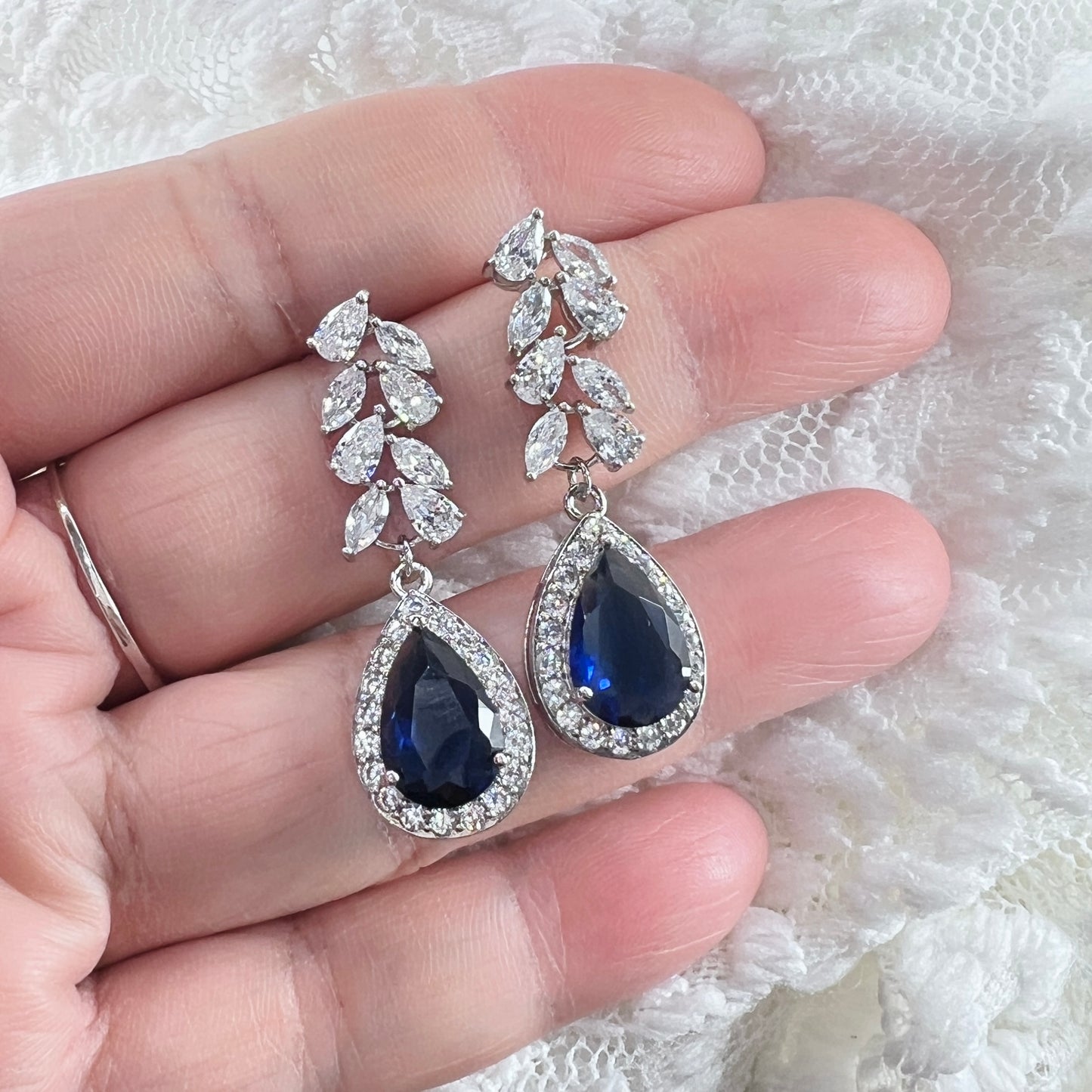 Floral Bridal Wedding Sapphire Blue Teardrop Earrings