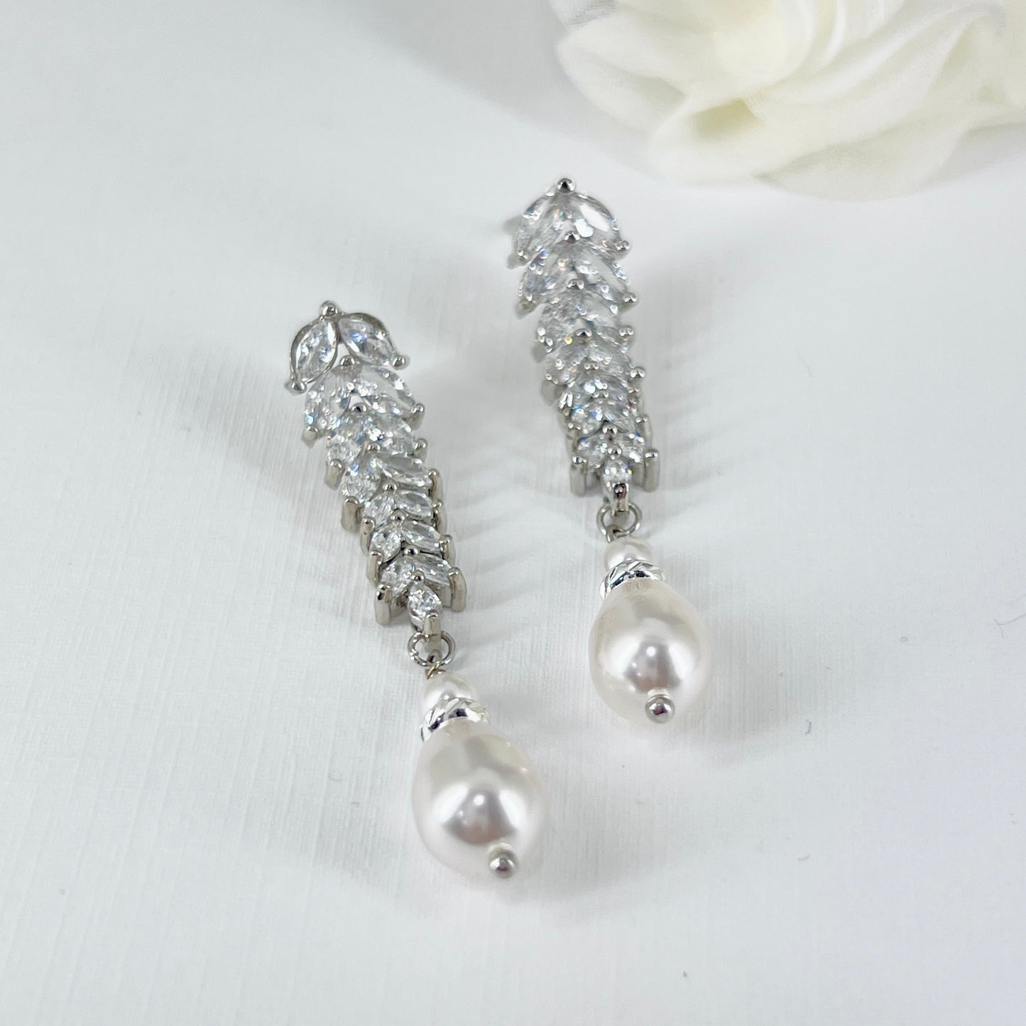 Wedding Bridal Silver Cubic Marquise and Pearl Earrings