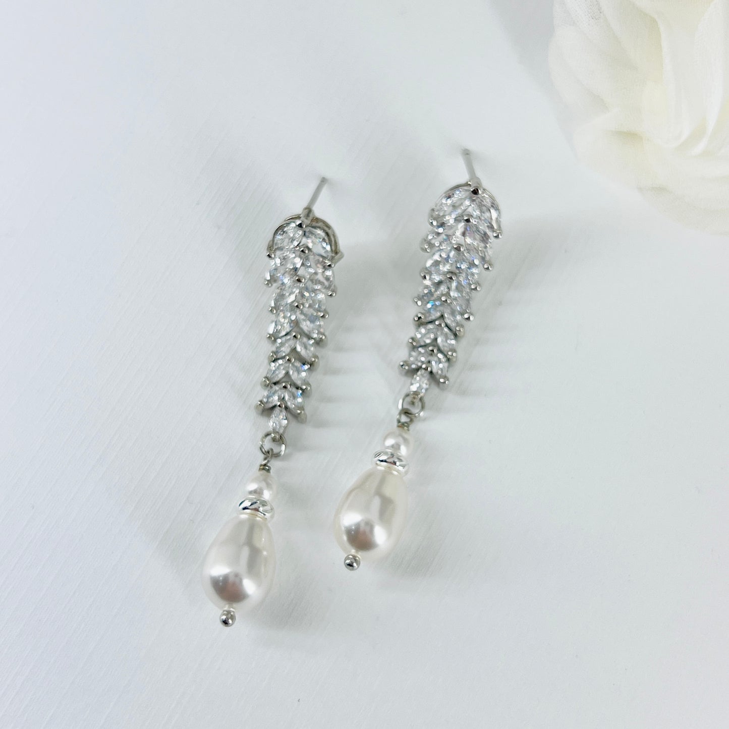 Wedding Bridal Silver Cubic Marquise and Pearl Earrings
